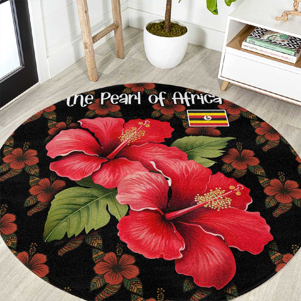 Uganda Round Carpet - Hibiscus Flower Pattern and The Pearl of Africa Text TS04