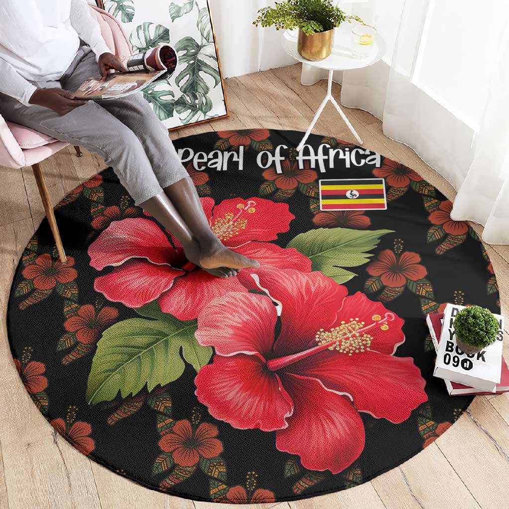 Uganda Round Carpet - Hibiscus Flower Pattern and The Pearl of Africa Text TS04