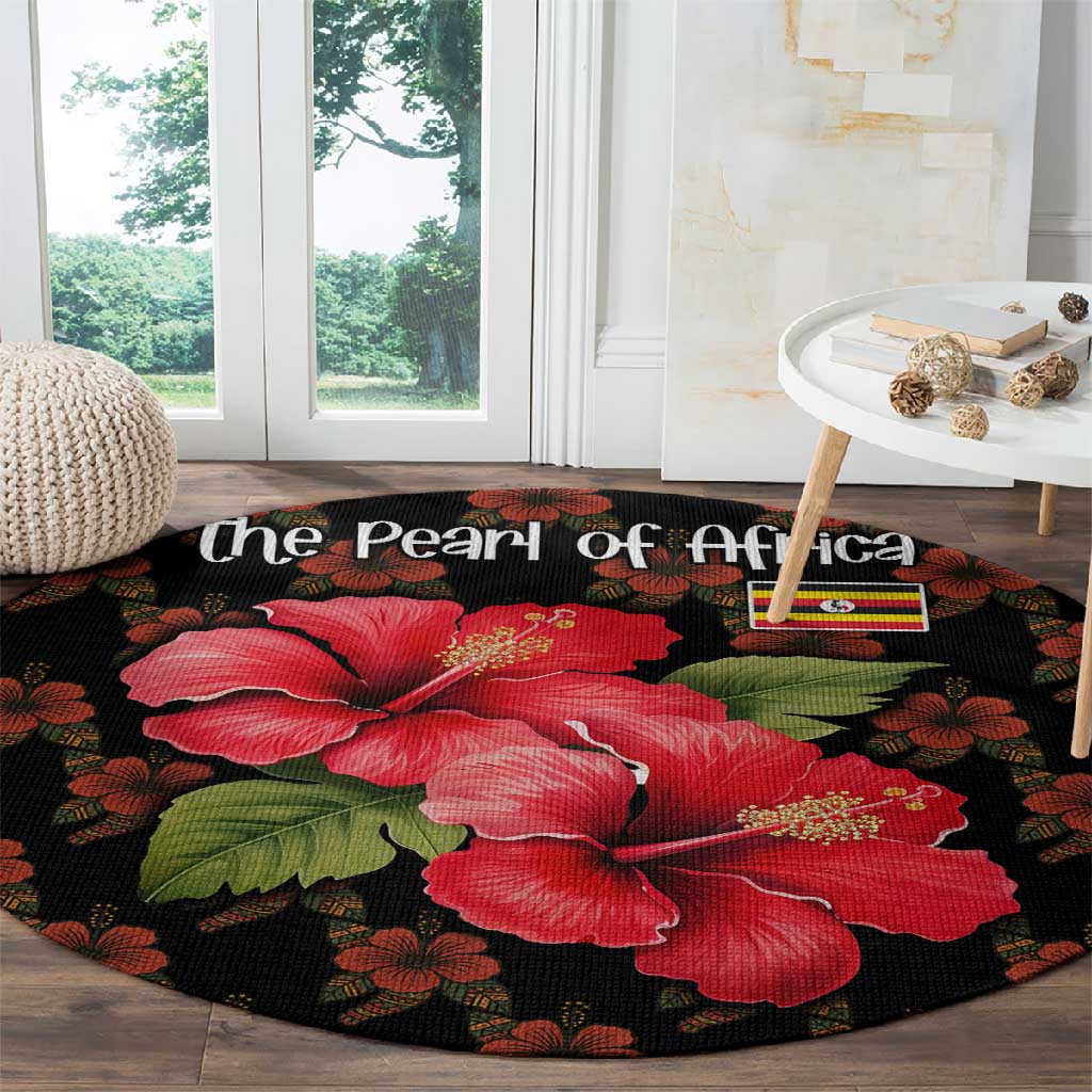 Uganda Round Carpet - Hibiscus Flower Pattern and The Pearl of Africa Text TS04