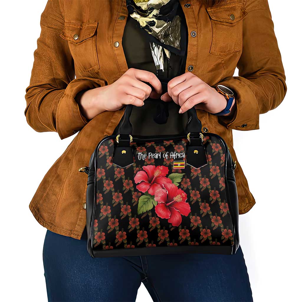 Uganda Shoulder Handbag with Hibiscus Flower Pattern and The Pearl of Africa Text TS04