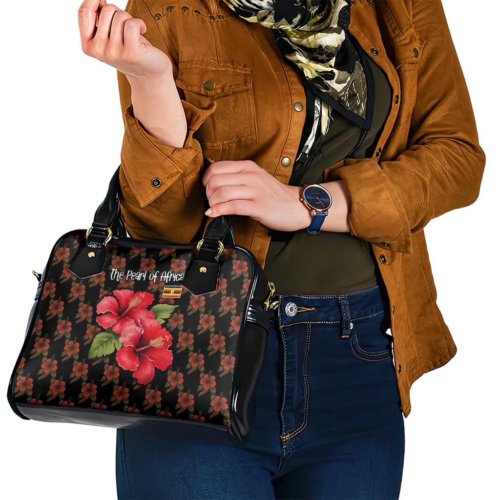 Uganda Shoulder Handbag with Hibiscus Flower Pattern and The Pearl of Africa Text TS04