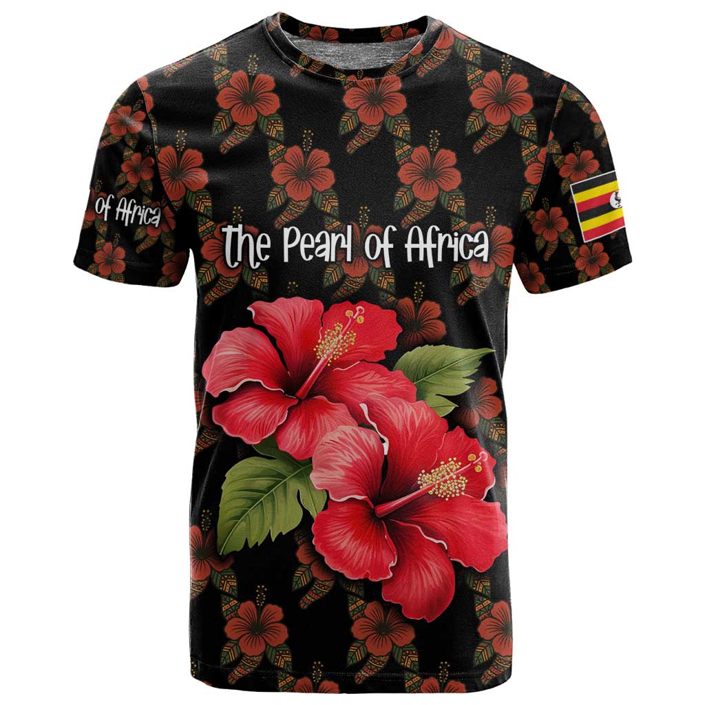 Uganda T shirt - Hibiscus Flower Pattern and The Pearl of Africa Text TS04