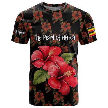 Uganda T shirt - Hibiscus Flower Pattern and The Pearl of Africa Text TS04