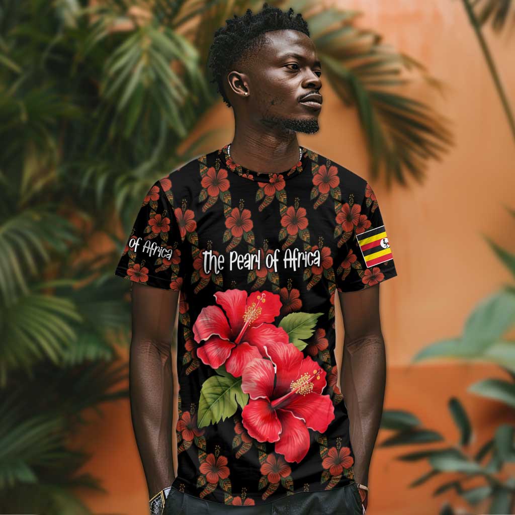 Uganda T shirt - Hibiscus Flower Pattern and The Pearl of Africa Text TS04