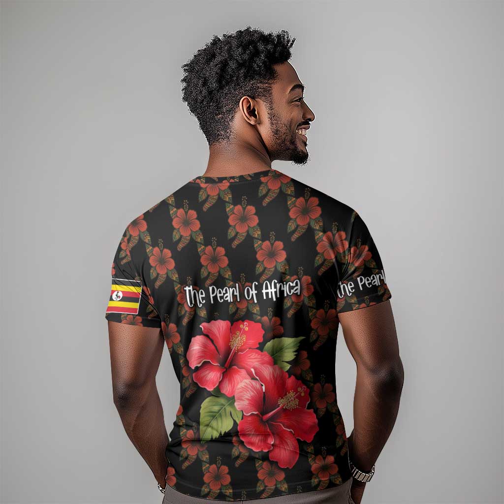 Uganda T shirt - Hibiscus Flower Pattern and The Pearl of Africa Text TS04