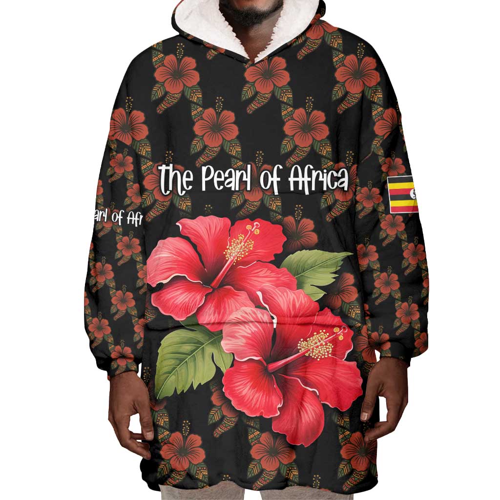 Uganda Wearable Blanket Hoodie - Hibiscus Flower Pattern and The Pearl of Africa Text TS04