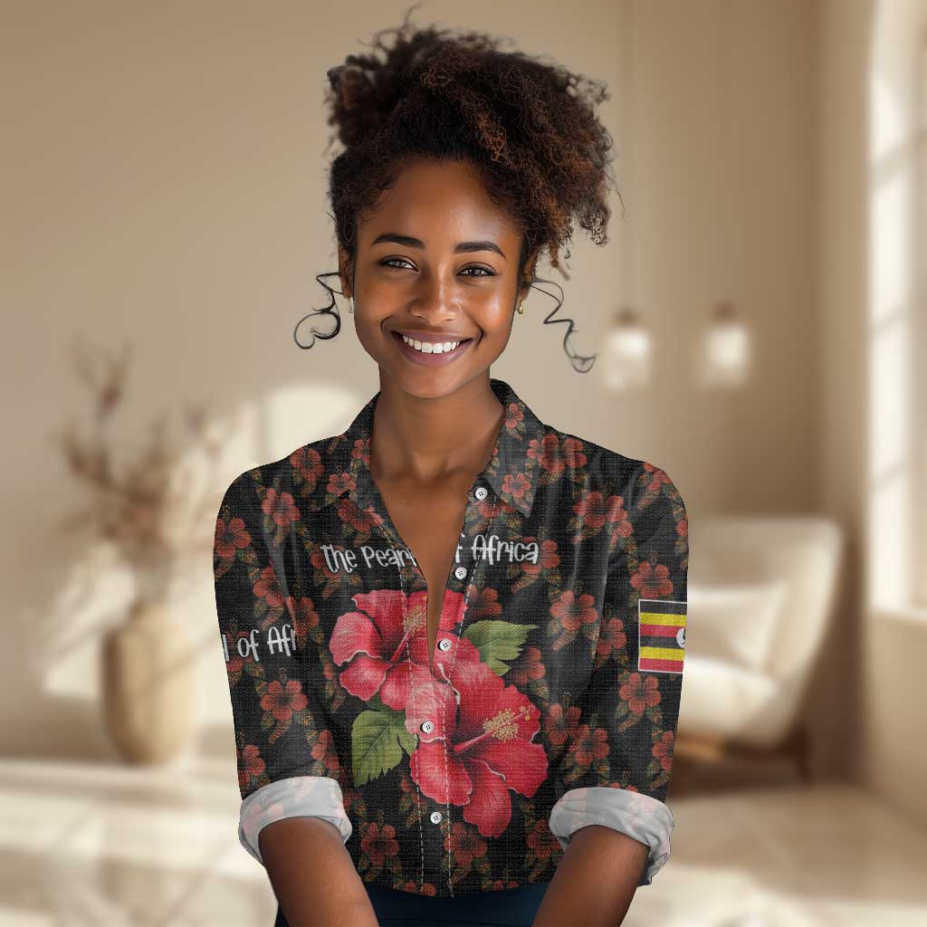 Uganda Women Casual Shirt - Hibiscus Flower Pattern and The Pearl of Africa Text TS04