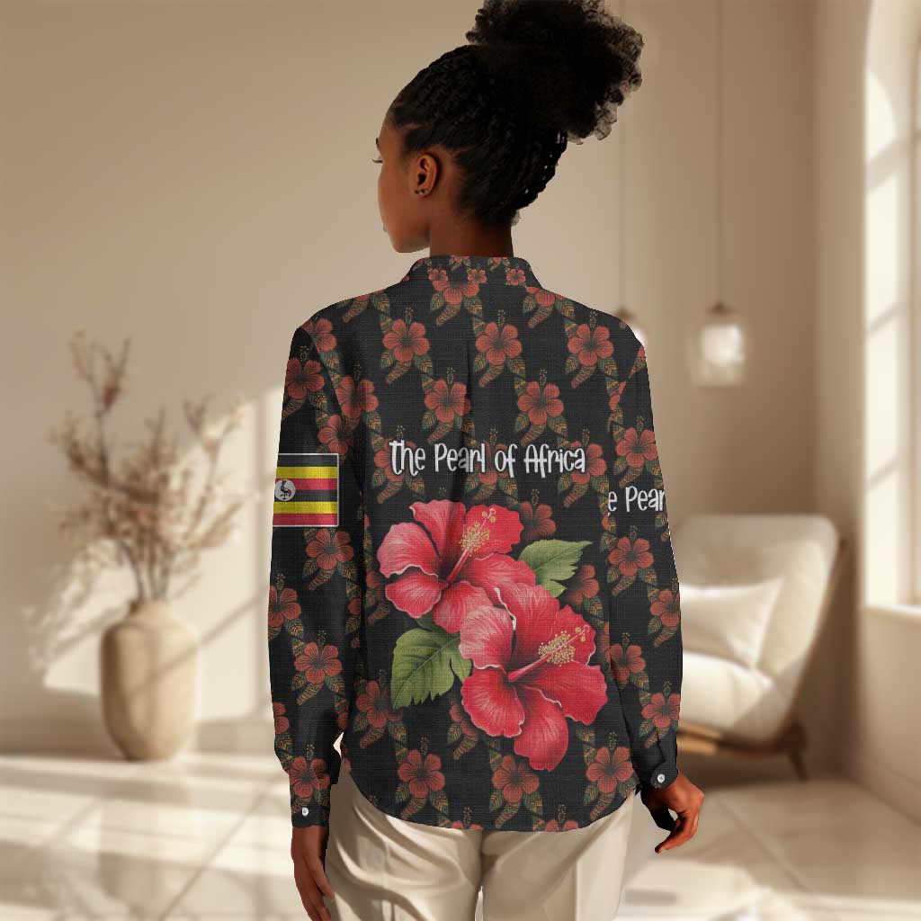 Uganda Women Casual Shirt - Hibiscus Flower Pattern and The Pearl of Africa Text TS04
