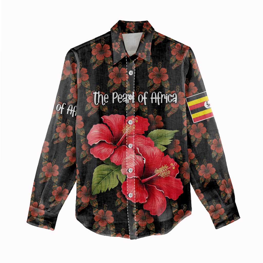 Uganda Women Casual Shirt - Hibiscus Flower Pattern and The Pearl of Africa Text TS04