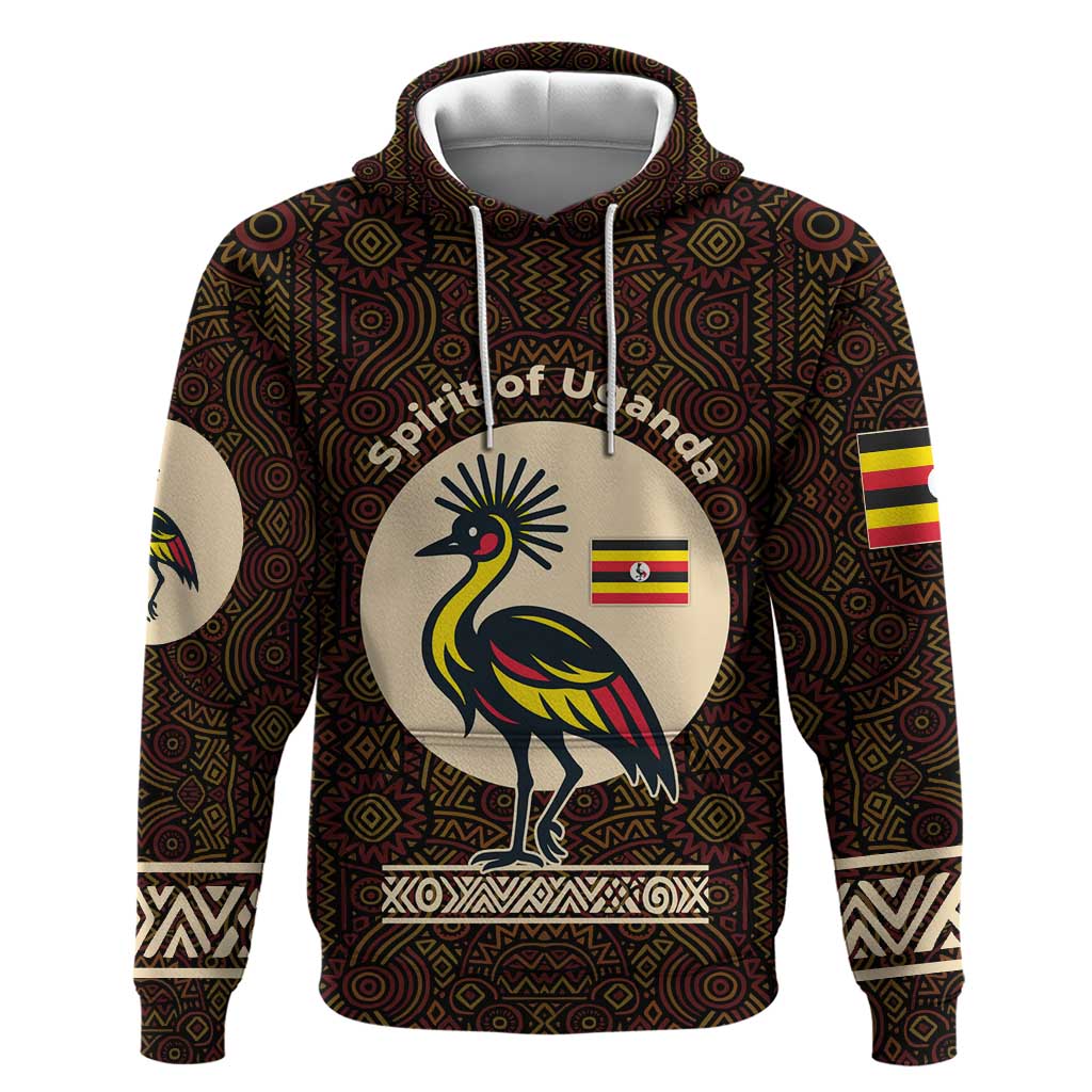 Uganda Hoodie with Grey Crowned Crane and Tribal Pattern Spirit of Uganda Theme TS04
