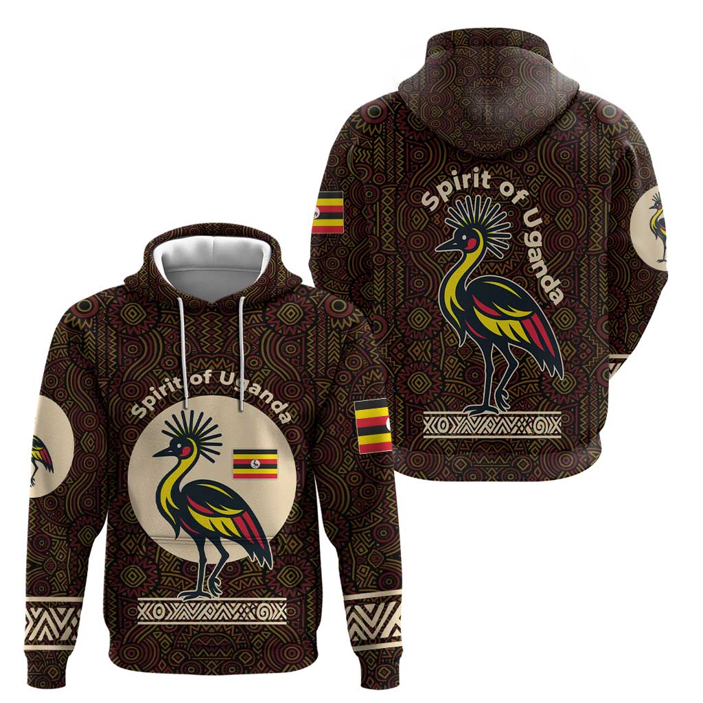 Uganda Hoodie with Grey Crowned Crane and Tribal Pattern Spirit of Uganda Theme TS04