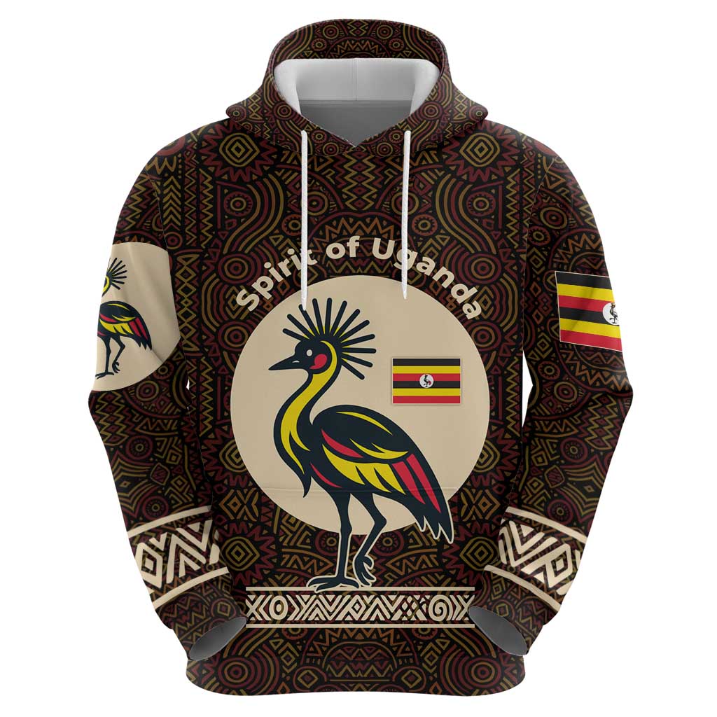 Uganda Hoodie with Grey Crowned Crane and Tribal Pattern Spirit of Uganda Theme TS04