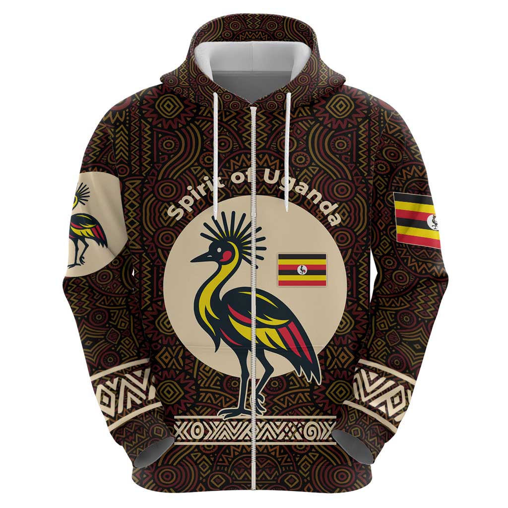 Uganda Hoodie with Grey Crowned Crane and Tribal Pattern Spirit of Uganda Theme TS04