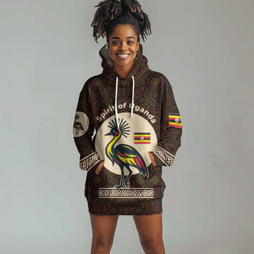 Uganda Hoodie Dress - Grey Crowned Crane and Tribal Pattern Spirit of Uganda Theme TS04