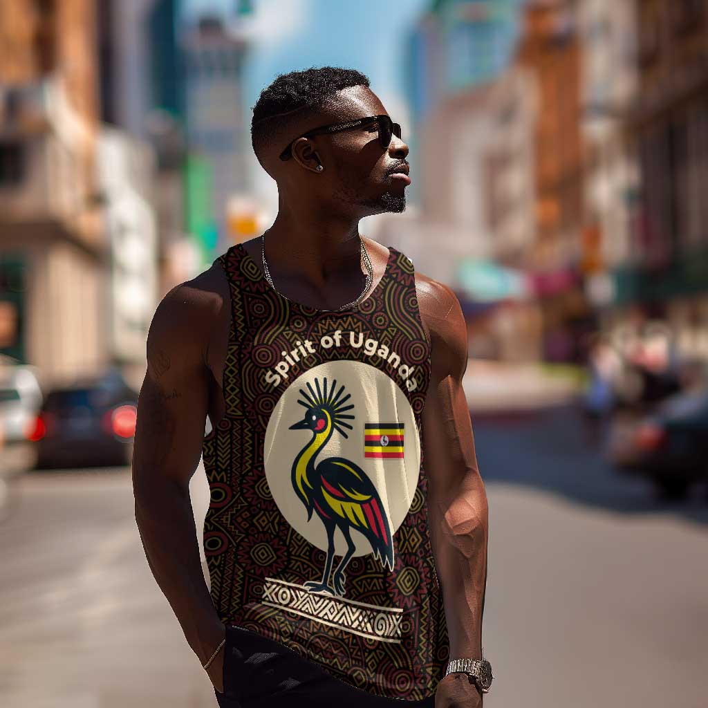 Uganda Men Tank Top - Grey Crowned Crane and Tribal Pattern Spirit of Uganda Theme TS04