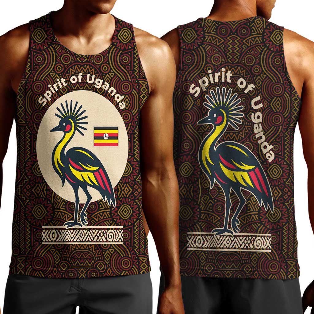 Uganda Men Tank Top - Grey Crowned Crane and Tribal Pattern Spirit of Uganda Theme TS04