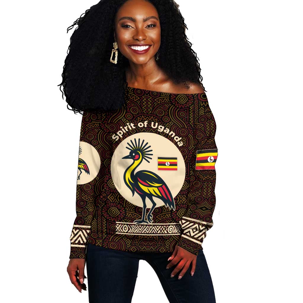 Uganda Off Shoulder Sweater - Grey Crowned Crane and Tribal Pattern Spirit of Uganda Theme TS04