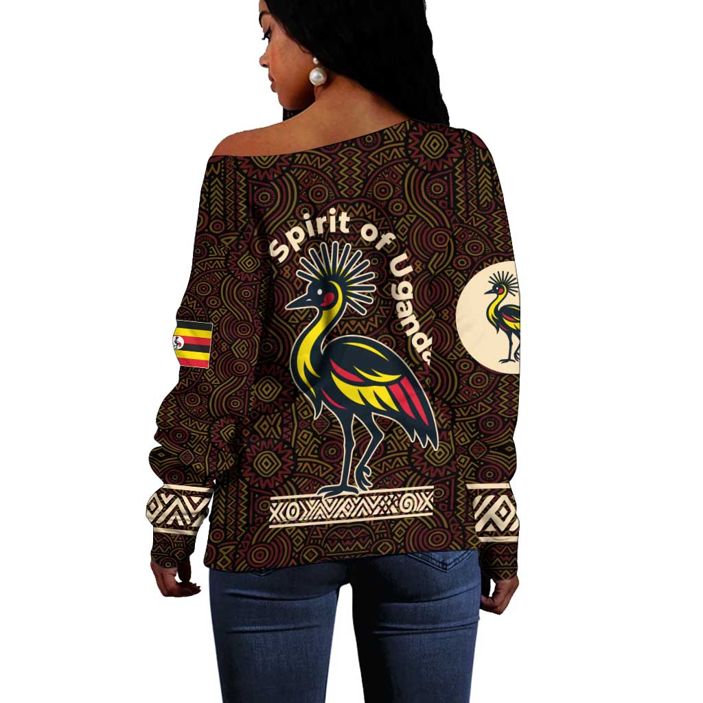 Uganda Off Shoulder Sweater - Grey Crowned Crane and Tribal Pattern Spirit of Uganda Theme TS04