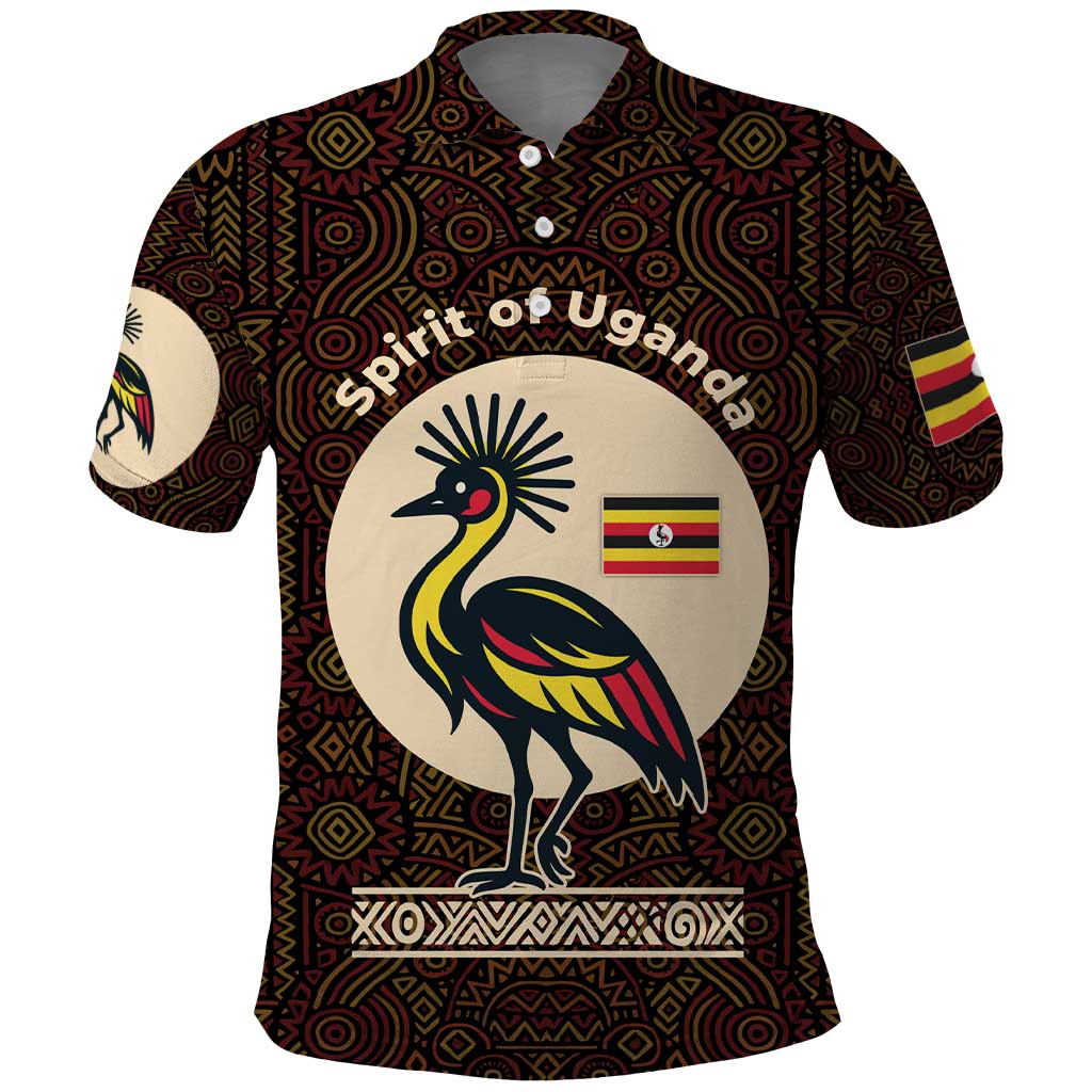 Uganda Polo Shirt with Grey Crowned Crane and Tribal Pattern Spirit of Uganda Theme TS04