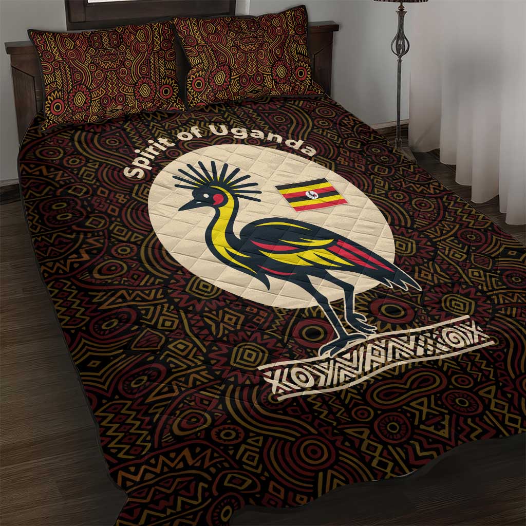 Uganda Quilt Bed Set - Grey Crowned Crane and Tribal Pattern Spirit of Uganda Theme TS04