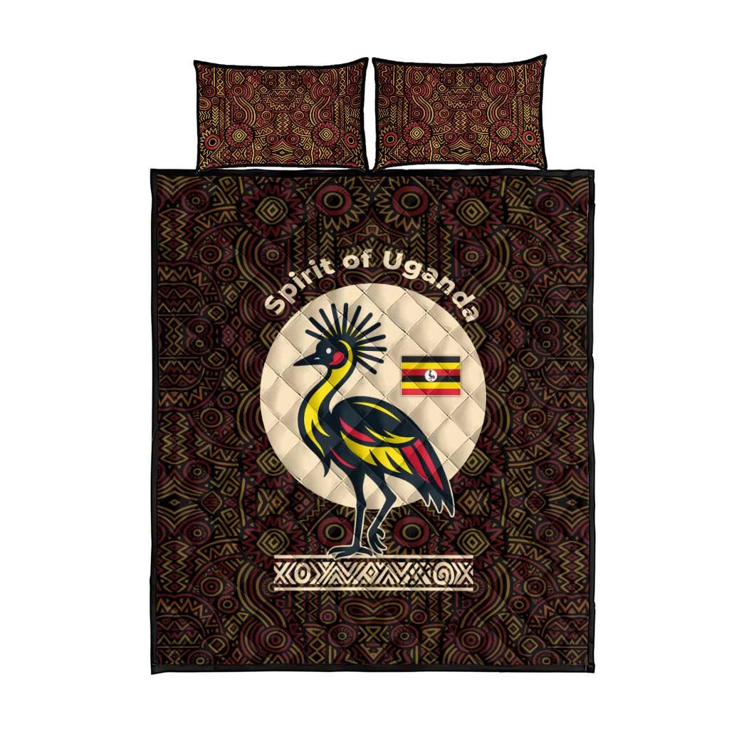 Uganda Quilt Bed Set - Grey Crowned Crane and Tribal Pattern Spirit of Uganda Theme TS04