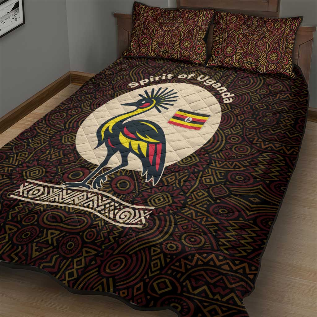 Uganda Quilt Bed Set - Grey Crowned Crane and Tribal Pattern Spirit of Uganda Theme TS04