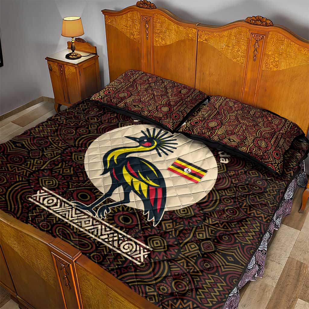 Uganda Quilt Bed Set - Grey Crowned Crane and Tribal Pattern Spirit of Uganda Theme TS04