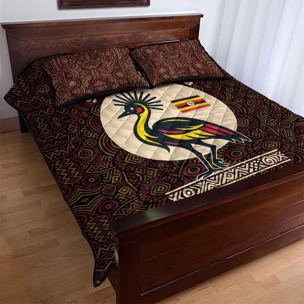 Uganda Quilt Bed Set - Grey Crowned Crane and Tribal Pattern Spirit of Uganda Theme TS04