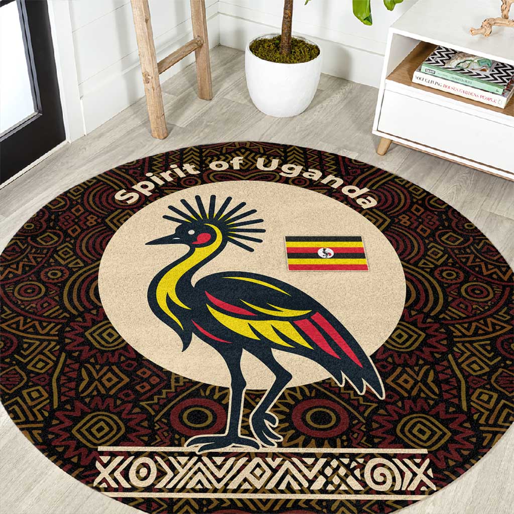 Uganda Round Carpet - Grey Crowned Crane and Tribal Pattern Spirit of Uganda Theme TS04