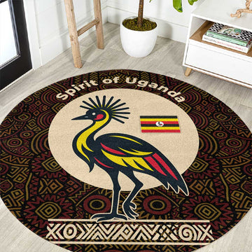 Uganda Round Carpet - Grey Crowned Crane and Tribal Pattern Spirit of Uganda Theme TS04