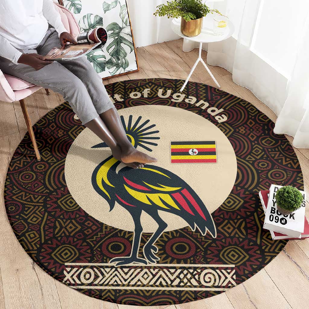Uganda Round Carpet - Grey Crowned Crane and Tribal Pattern Spirit of Uganda Theme TS04
