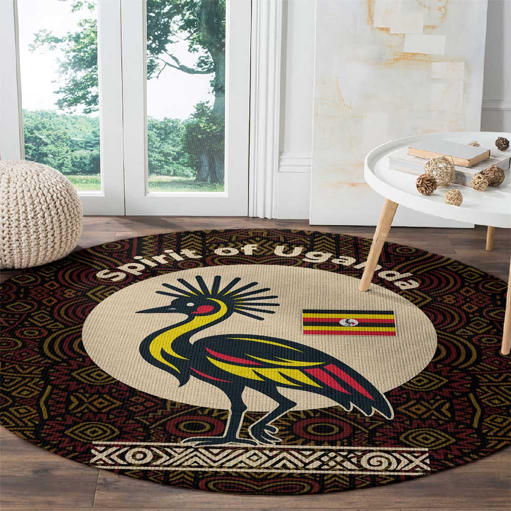 Uganda Round Carpet - Grey Crowned Crane and Tribal Pattern Spirit of Uganda Theme TS04