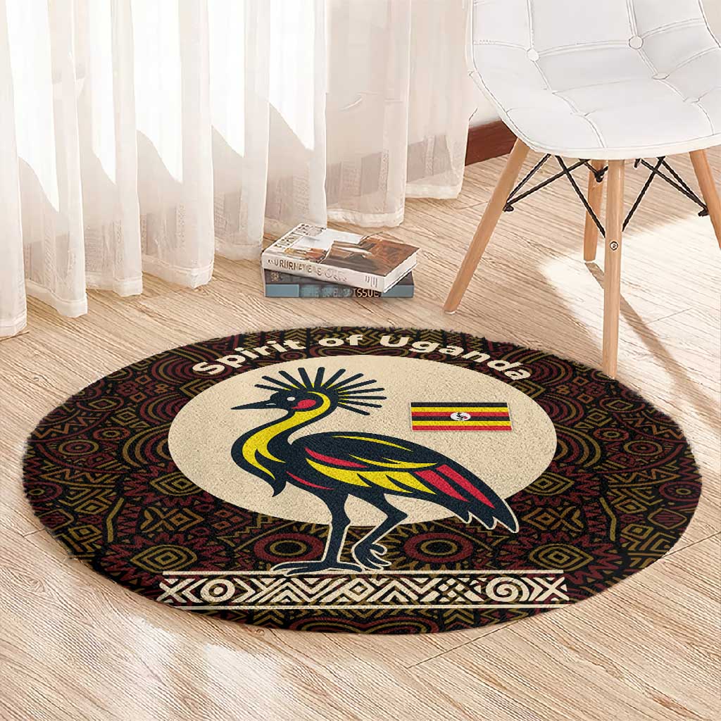Uganda Round Carpet - Grey Crowned Crane and Tribal Pattern Spirit of Uganda Theme TS04