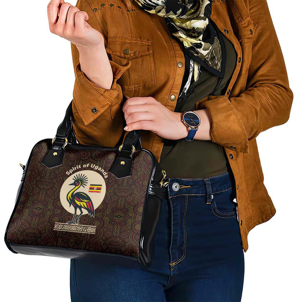 Uganda Shoulder Handbag with Grey Crowned Crane and Tribal Pattern Spirit of Uganda Theme TS04