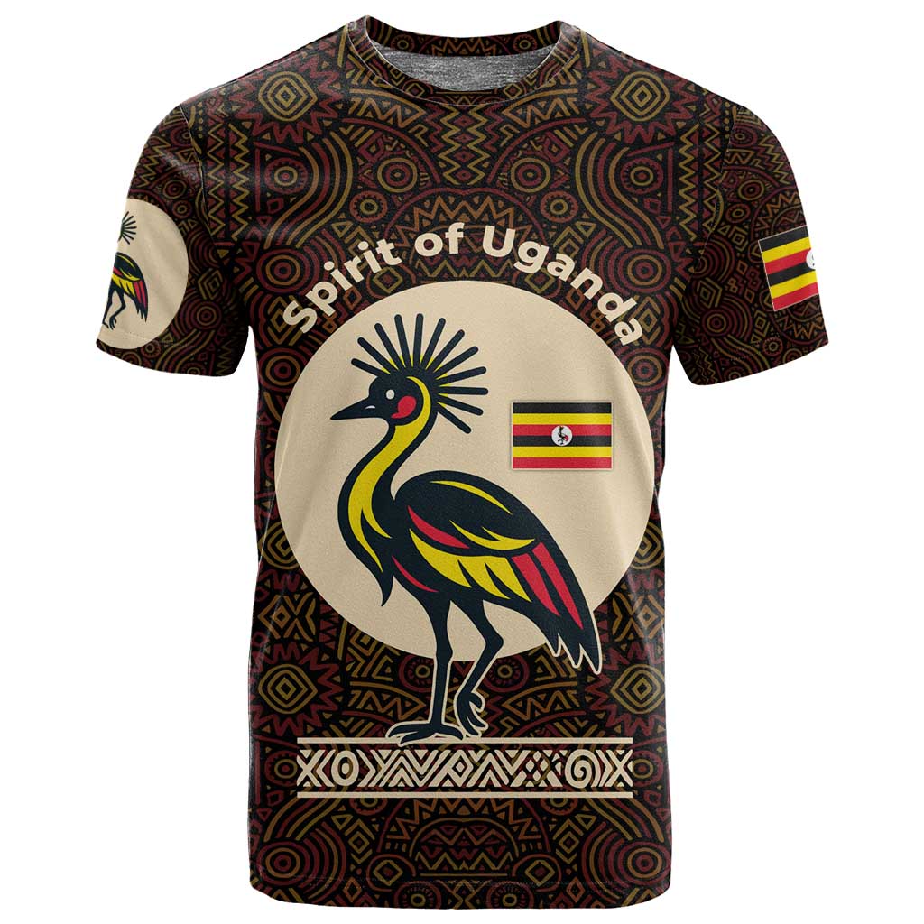 Uganda T shirt - Grey Crowned Crane and Tribal Pattern Spirit of Uganda Theme TS04