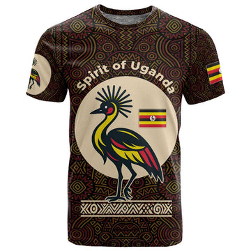 Uganda T shirt - Grey Crowned Crane and Tribal Pattern Spirit of Uganda Theme TS04