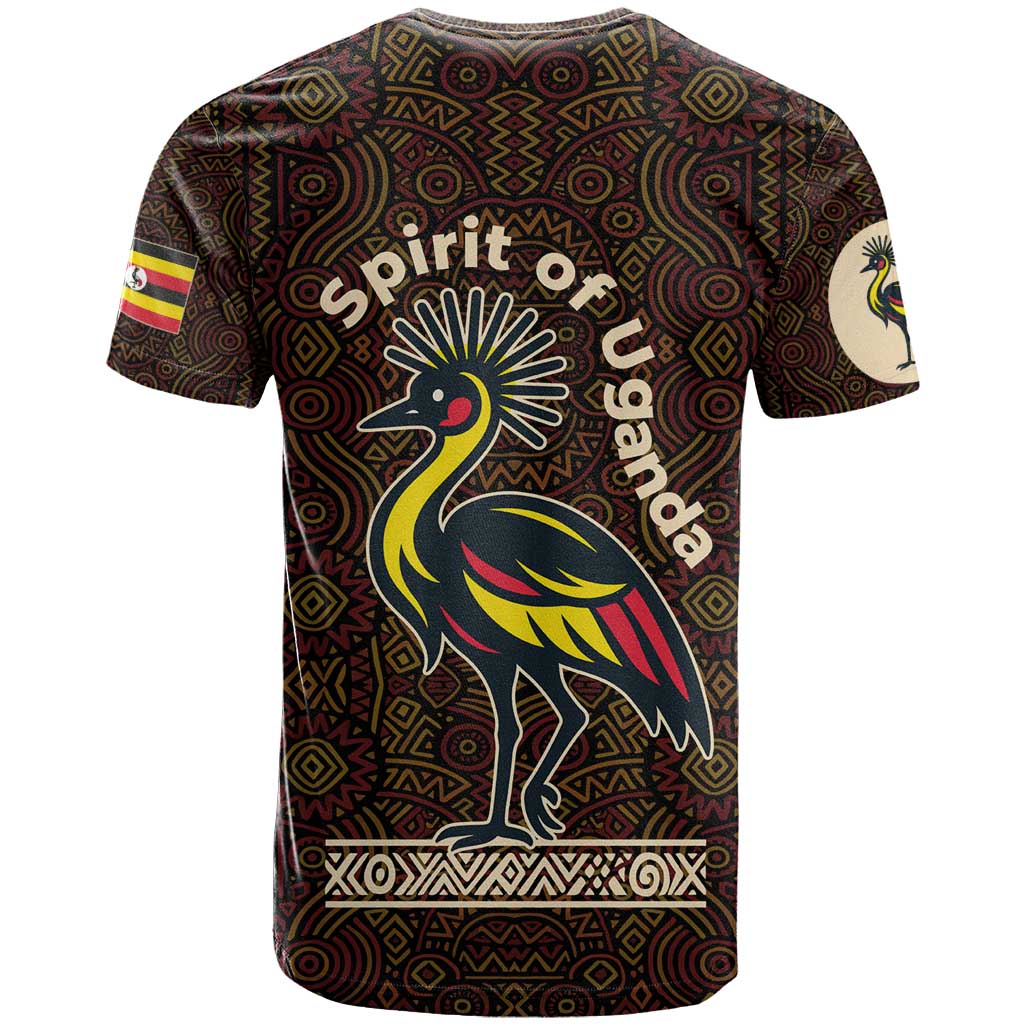 Uganda T shirt - Grey Crowned Crane and Tribal Pattern Spirit of Uganda Theme TS04