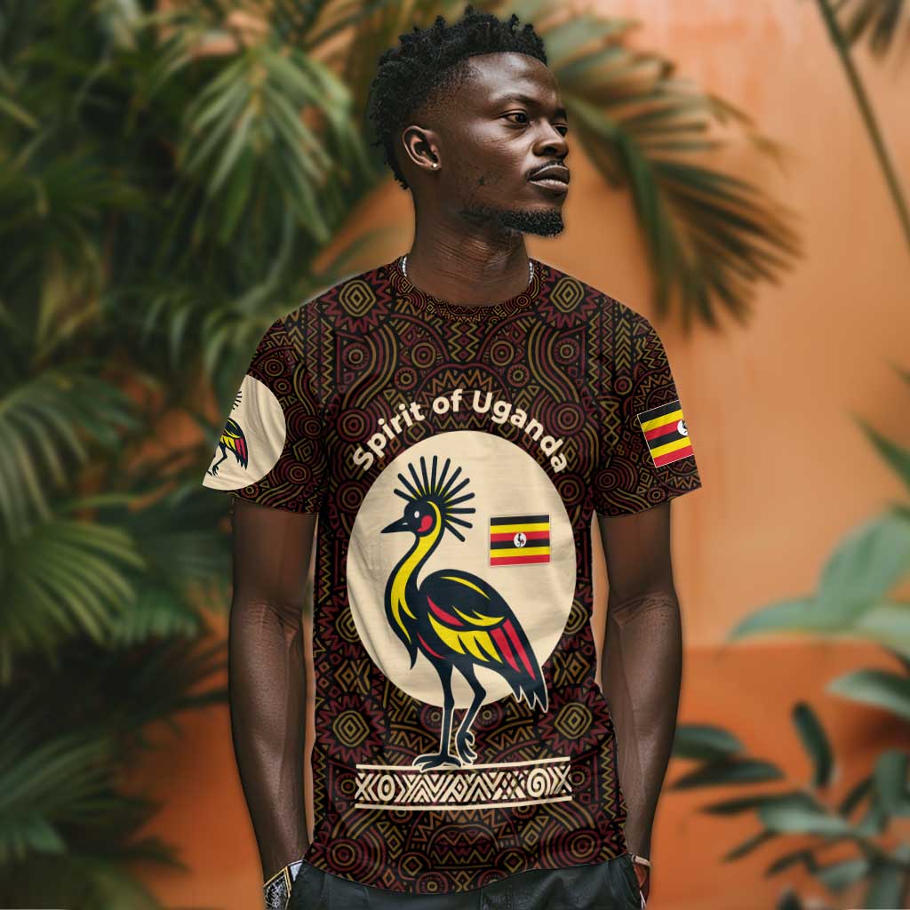 Uganda T shirt - Grey Crowned Crane and Tribal Pattern Spirit of Uganda Theme TS04