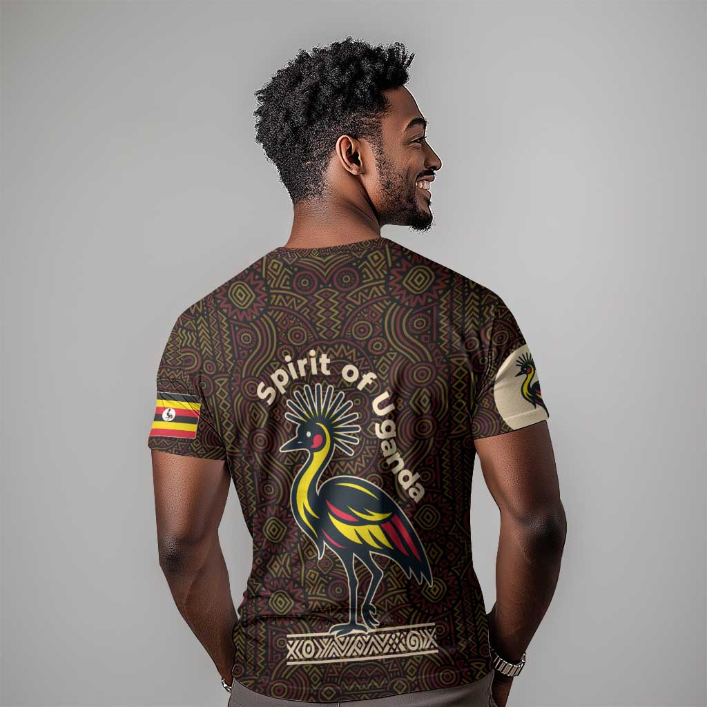 Uganda T shirt - Grey Crowned Crane and Tribal Pattern Spirit of Uganda Theme TS04