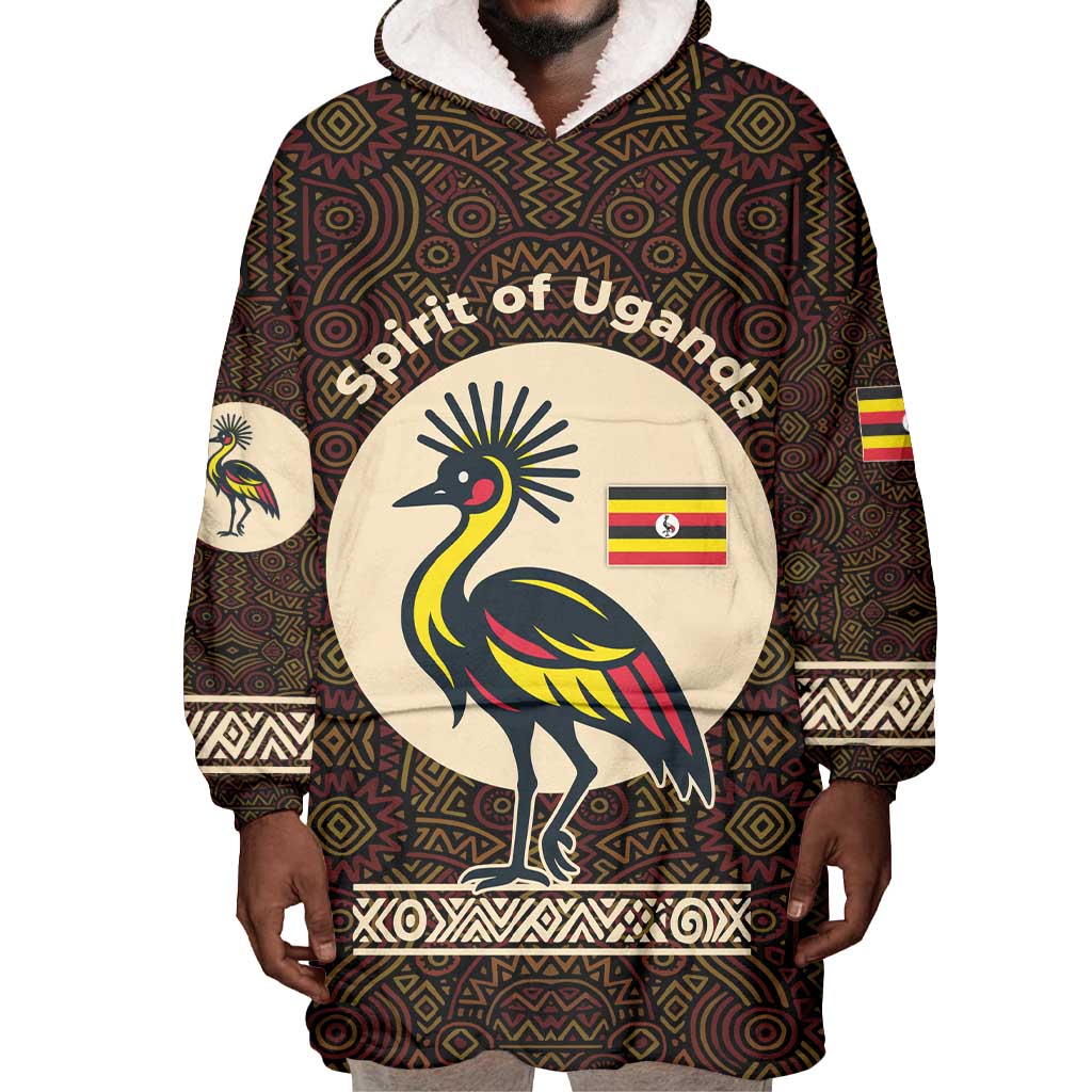 Uganda Wearable Blanket Hoodie - Grey Crowned Crane and Tribal Pattern Spirit of Uganda Theme TS04