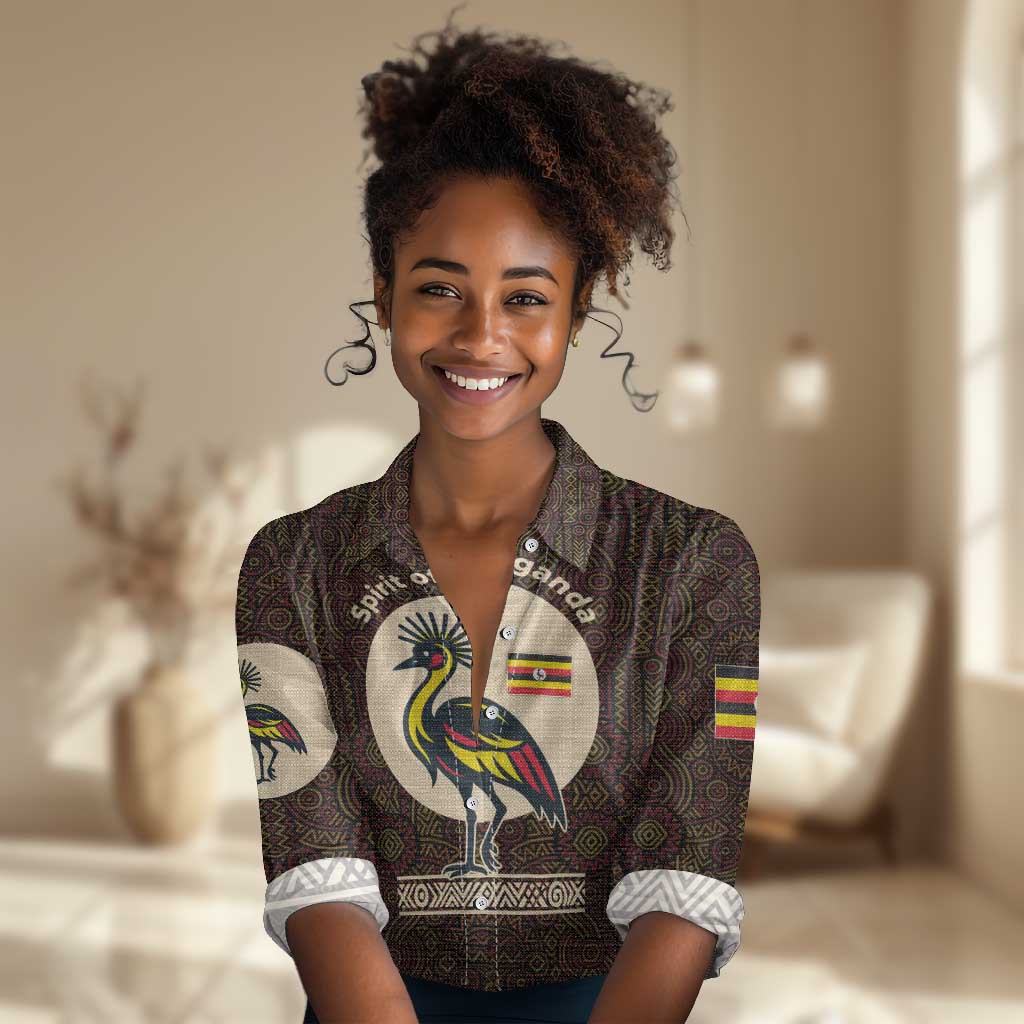 Uganda Women Casual Shirt - Grey Crowned Crane and Tribal Pattern Spirit of Uganda Theme TS04