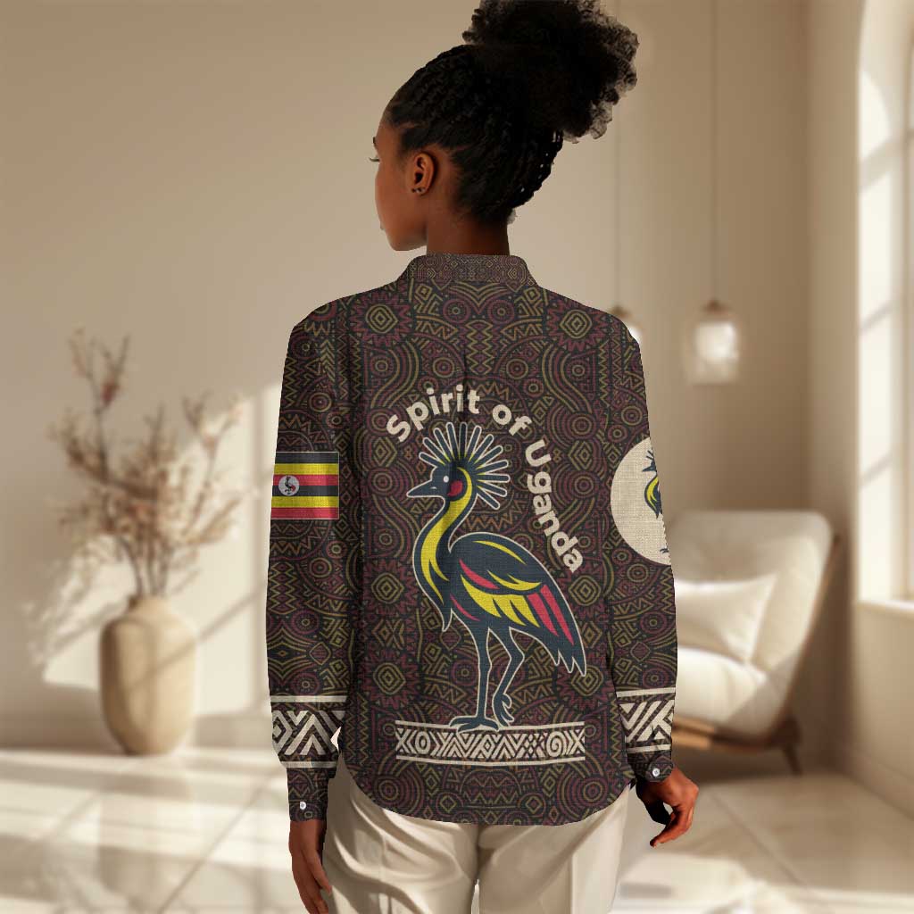 Uganda Women Casual Shirt - Grey Crowned Crane and Tribal Pattern Spirit of Uganda Theme TS04