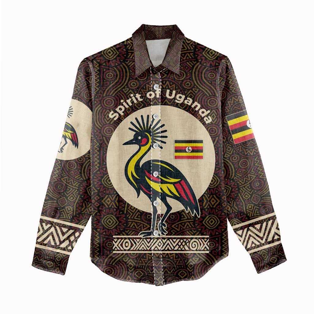 Uganda Women Casual Shirt - Grey Crowned Crane and Tribal Pattern Spirit of Uganda Theme TS04