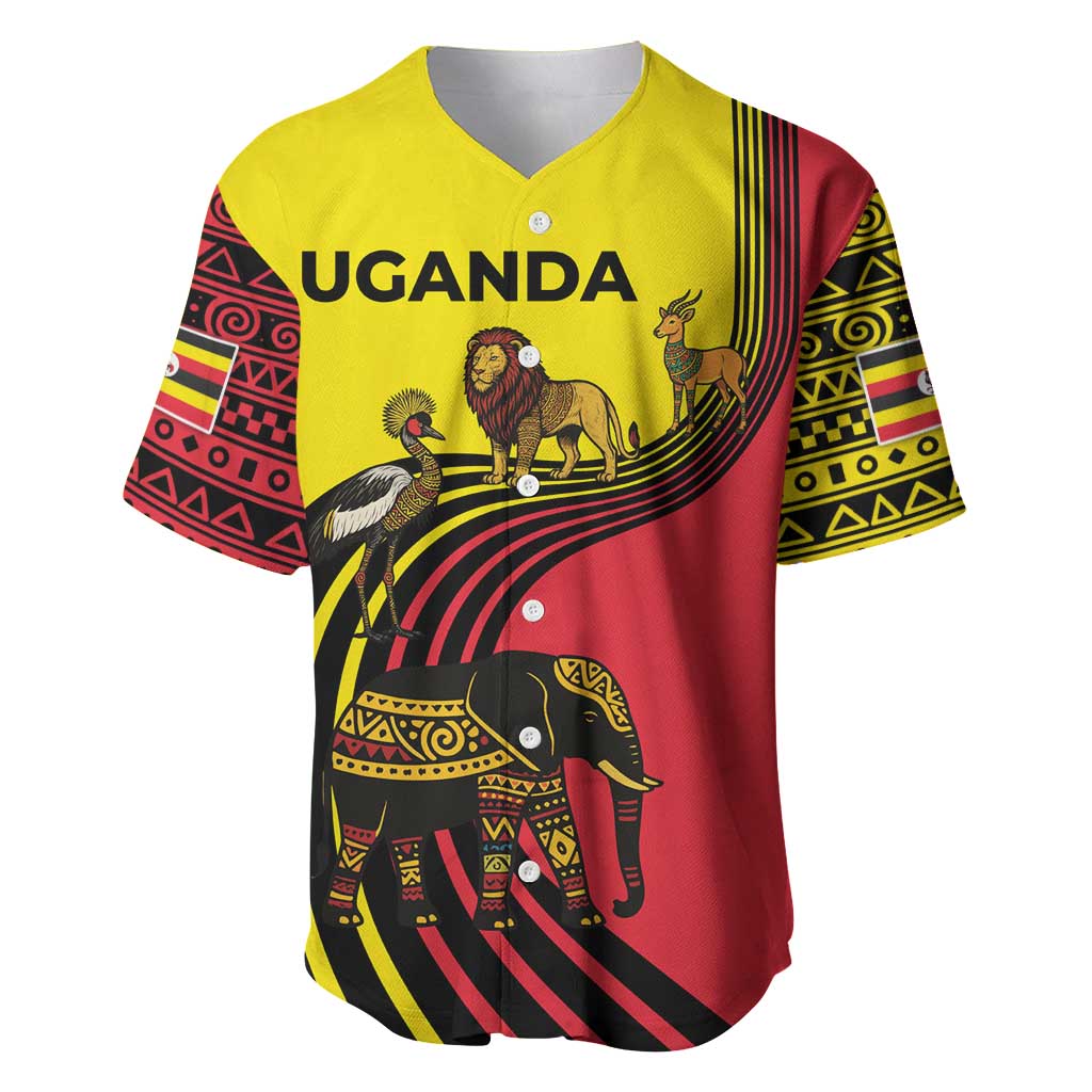 Uganda Baseball Jersey - African Wildlife Elephant Lion and Crane in Tribal Pattern Design TS04
