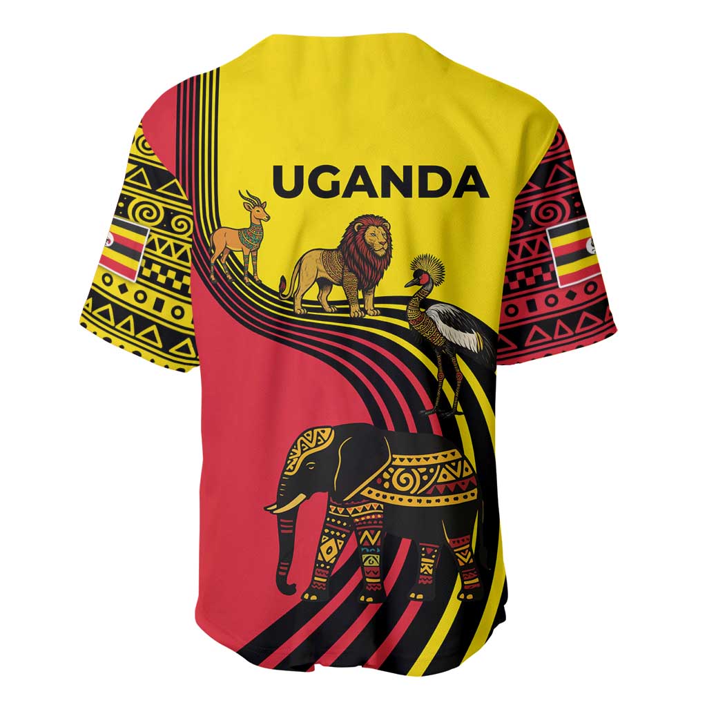 Uganda Baseball Jersey - African Wildlife Elephant Lion and Crane in Tribal Pattern Design TS04