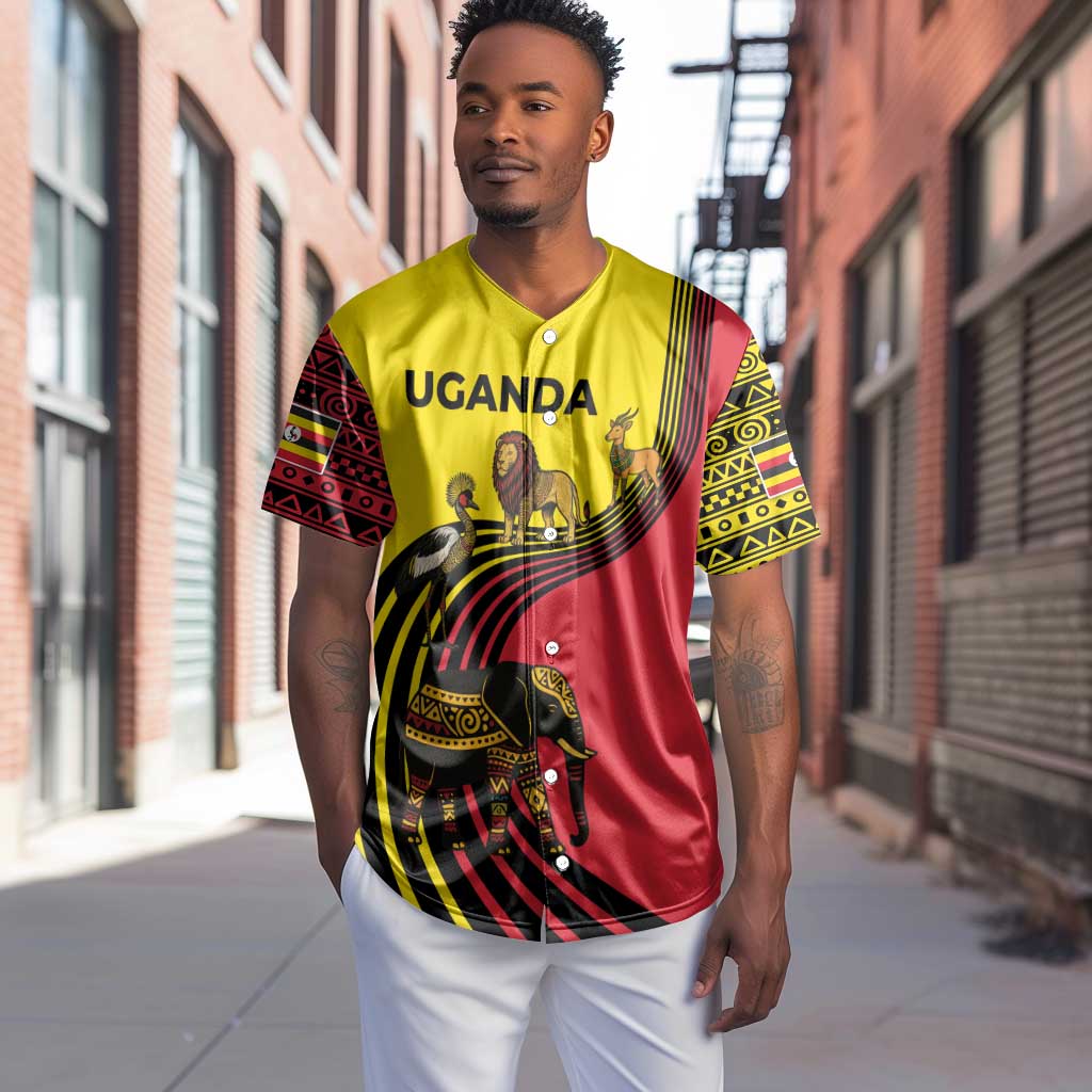Uganda Baseball Jersey - African Wildlife Elephant Lion and Crane in Tribal Pattern Design TS04