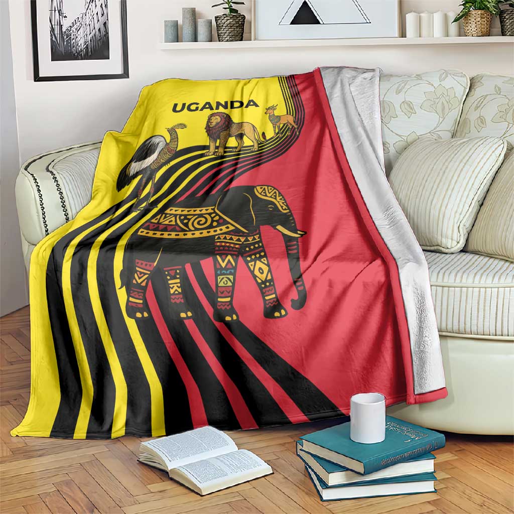 Uganda Blanket - African Wildlife Elephant Lion and Crane in Tribal Pattern Design TS04