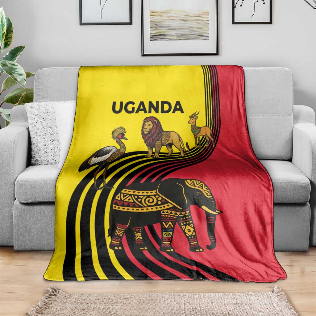 Uganda Blanket - African Wildlife Elephant Lion and Crane in Tribal Pattern Design TS04
