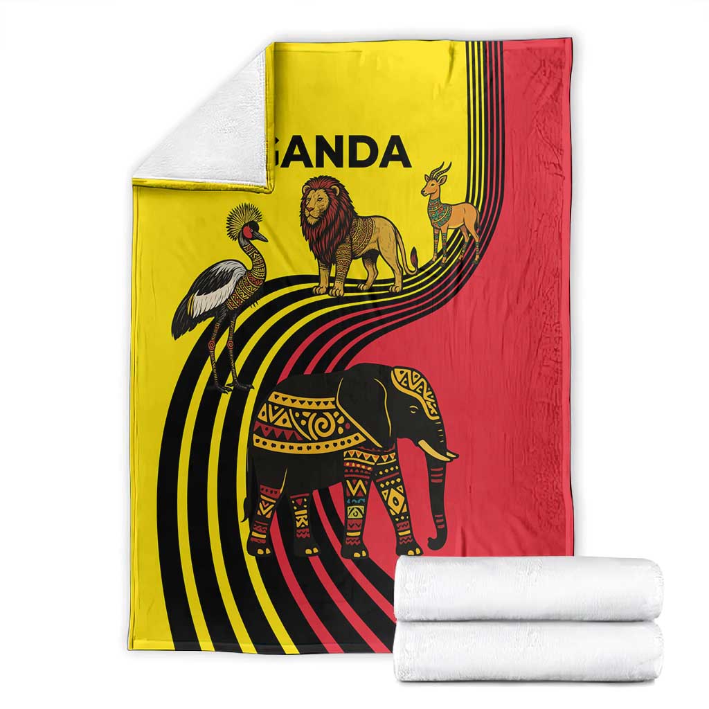 Uganda Blanket - African Wildlife Elephant Lion and Crane in Tribal Pattern Design TS04