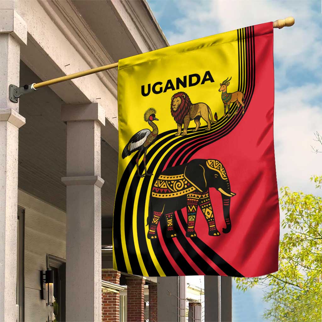 Uganda Garden Flag - African Wildlife Elephant Lion and Crane in Tribal Pattern Design TS04